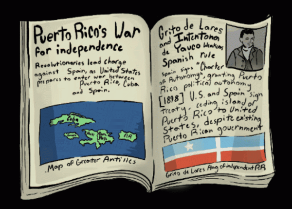A political cartoon depicting the lack on Puerto Rican history in the U.S. education system.