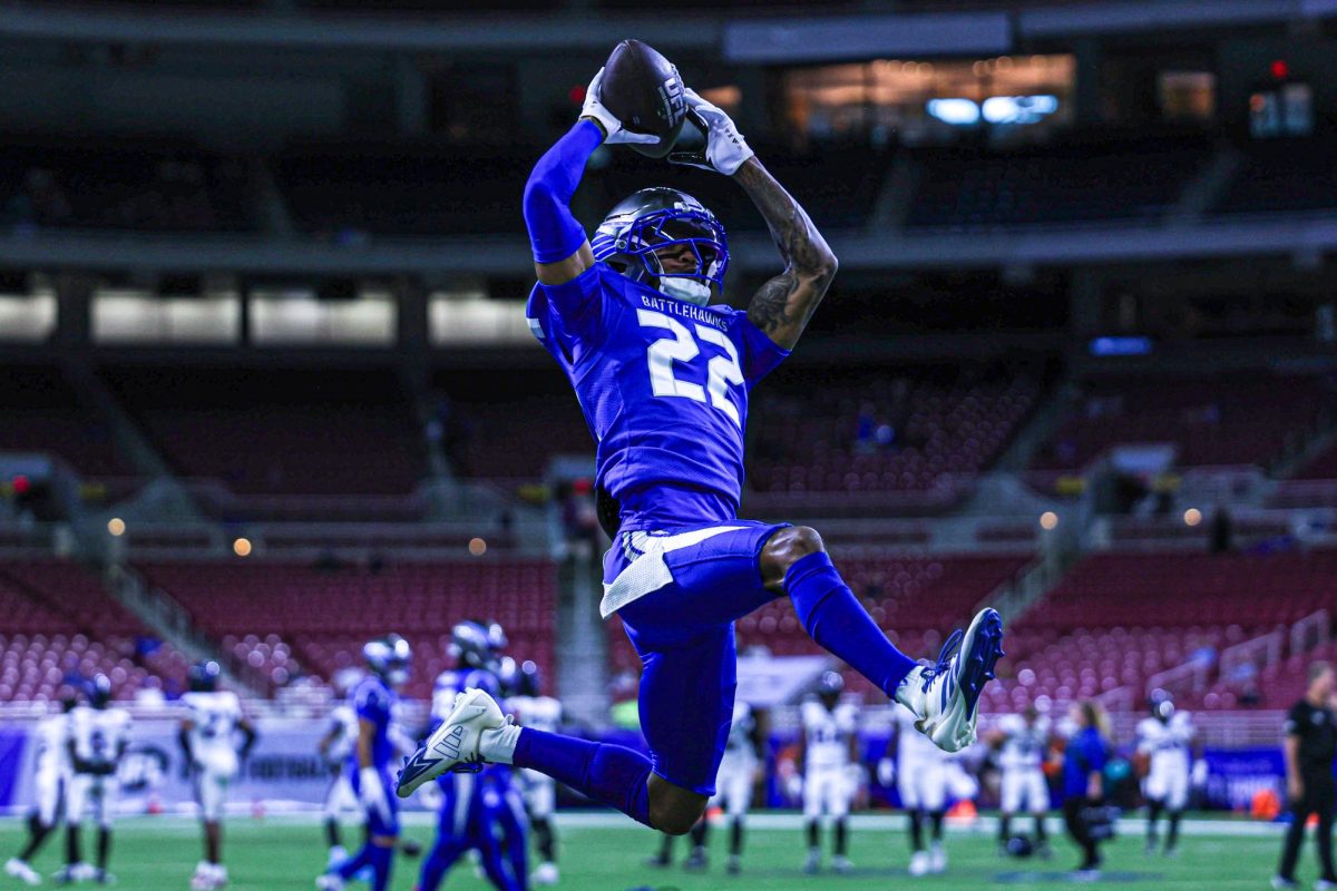 St. Louis Battlehawks cornerback Keylon Kennedy (22) leaps for the ball May 29 prior to the Battlehawks' matchup with the Renegades. The Battlehawks were ultimately defeated 20-16.