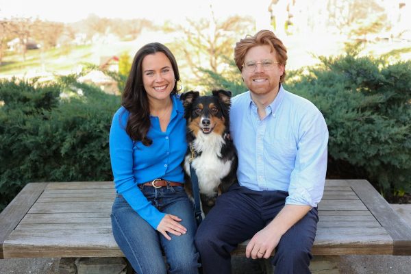 Tori Schafer, her husband Nolan Gromacki and their dog posing for a campaign photoshoot for her current run for Missouri House of Representatives.